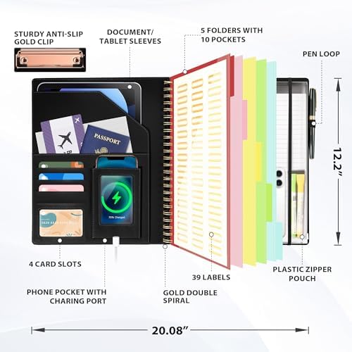 Ospelelf Clipboard with Storage Spiral Clipboard Folio for Letter Size,Organizer Folder with Zipper Pouch and 5 Dividers,Leather Portfolio for Office, School Black - Image 2