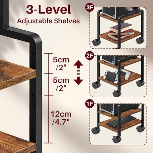 Adjustable 2-Tier PC Stand, Computer Tower Stand with 360° Locking Wheels & Hooks, CPU Cart for Floor, Carpet and Under Desk, 15.2" x 11.8" x 26", Rustic Brown - Image 5