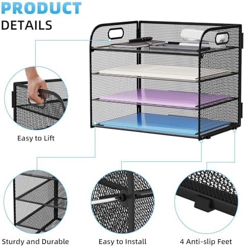 Marbrasse 4 Tier Paper Organizer Letter Tray - Mesh Desk File Organizer with Handle, Paper Sorter Organizer for Letter/A4 Office File Folder Holder (Black, 12.6" x 9.1" x 10.7") (Pack of 2) - Image 4