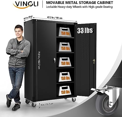VINGLI Upgraded Wide & Deep Garage Storage Cabinet, Metal Storage Cabinet with Pegboards, Wheels, Locking Doors and Adjustable Shelves (Black, 43''W x 20''D x 72''H) - Image 3