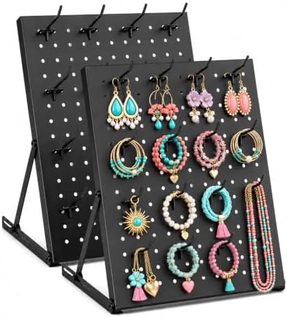 2 Pack Pegboard Display Stand, Metal Peg Board with 32 Hooks, Adjustable Angle & Foldable Design, Thick Steel Panel, Durable Tabletop Rack 16''x12'' for Vendor Display, Craft Show, Jewelry Display(Black silver) by Unknown