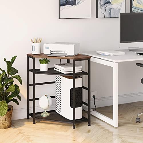 VEDECASA Corner Printer Stand Table with Power Outlet Charging Plugs USB Port Adjustable Storage Shelf Computer Tower CPU Stand Holder for Home Office (Brown) - Image 3