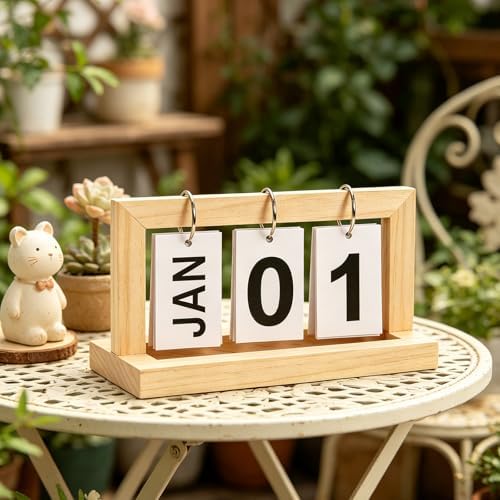 Wooden Perpetual Flip Calendar for Desk—Natural Wood Texture—Vertical Page Flipper with Metal Ring—Reusable Daily Date Tracker for Home Office Study Bedroom Shelf - Image 4