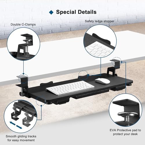Keyboard Tray Under Desk with Drawer,26.77" X 11.81" Keyboard Tray Large Size with C Clamp-on Mount, Easy to Install, Save Space for Office Desk (Black) - Image 5