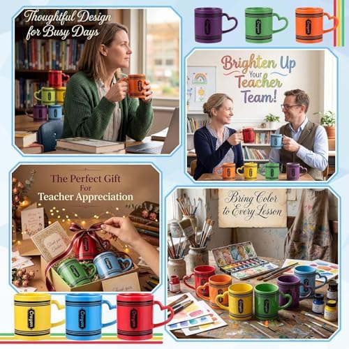 Pickmesh Back to School Teacher Gifts, Set of 6 Crayon Mugs, 10 oz Ceramic Crayon Shaped Coffee Cups with Heart Handles, Colorful Teacher Appreciation Gifts for Classroom, Preschool and Daycare - Image 4