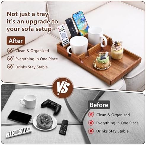 Couch Insert Tray for Middle Seat, Acacia Wood Couch Table with 2 Cup Holders, Fits Armless Sofa & Sectionals, Fold-Flat Tray for Drinks, Snacks & Remotes - Image 5