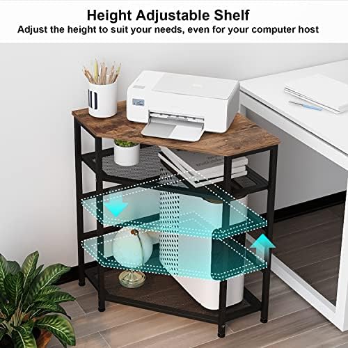 VEDECASA Corner Printer Stand Table with Power Outlet Charging Plugs USB Port Adjustable Storage Shelf Computer Tower CPU Stand Holder for Home Office (Brown) - Image 4