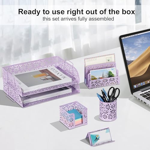 EasyPAG Desk Organizers and Accessories 5 Pieces Office Supplies Set - 2 Tier Paper Tray, Pencil Organizer for Desk, Mail Sorter Countertop, Business Card Holder and Sticky Note Holder, Purple - Image 4