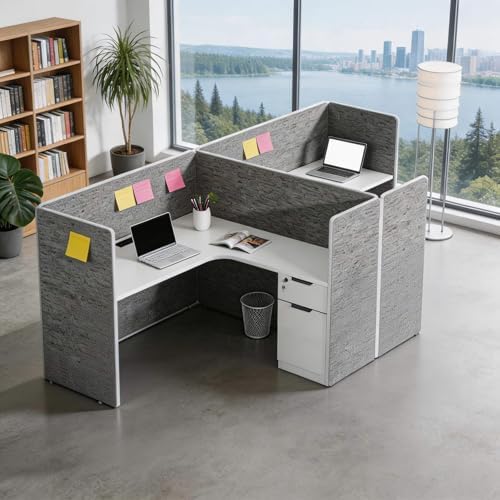 SAINTCY 2 Person Office Cubicles Workstations, Modular L Shaped Workstation with Power Outlets & Lockable Drawer Storage Cabinet, Computer Desk for Home Office by SAINTCY