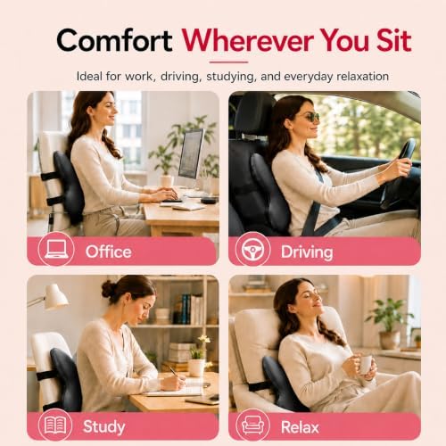 Memory Foam Lumbar Support Pillow,Back Support for Office Chair,Back Pillow for Chair,Ergonomic Lower Back Cushion for Desk Chair,Computer Chair,Gaming Chair and Car Seat,Washable Cover（Black） - Image 4