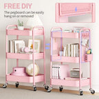 TOOLF 3 Tier Rolling Cart Storage Organizer, Metal Rolling Utility Cart with Wheels, Hooks & Bins Esthetician Craft Art Sturdy Storage with Pegboard for Bathroom, Kitchen, Office, Nursery Diaper - Image 3