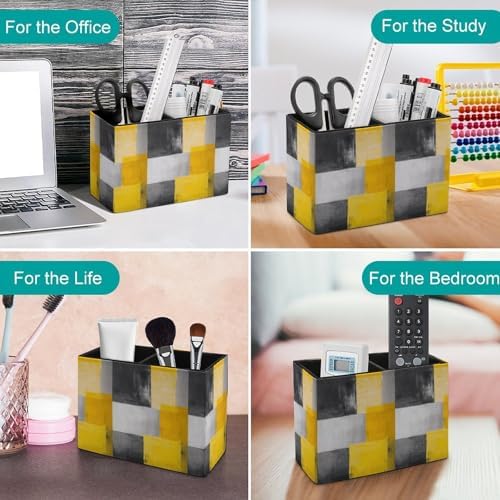 Pens Holder, Pencils Holder for Desk Organizer, Abstract Art Gray Yellow Plaid PU Leather Pencil Cups Desktop Stationery Storage Makeup Brush Holder Pens Organizer for Office Home - Image 4