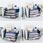 OPNICE Desk Organizer, 4-Tier Desktop File Organizer with Drawer and Pen Holders, Office Desk Accessories, File Sorters, Workspace Organizers for Office Supplies(Dark Blue) - Image 4