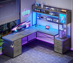 SEDETA Reversible L Shaped Gaming Desk with 6 Drawers, Hutch, Led Lights by SEDETA