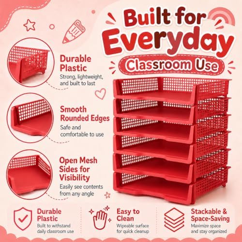 6 Pcs Red Turn in Trays Classroom, Stackable Paper Bins for Classroom, 13x9x2.8 inch Plastic Baskets Desktop Organization System Office (Red) - Image 3