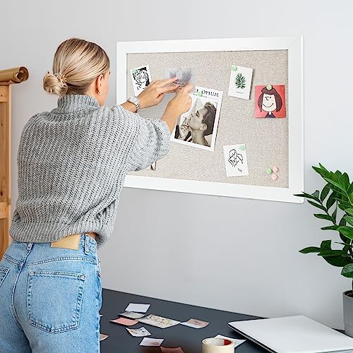 White Cork Board Bulletin Board with Linen, Wood Framed 30" x 20" Corkboard, Office Board for Wall Decor, Wall Mounted Pin Board Picture Board with 20 Pushpins for School, Home & Office - Image 2