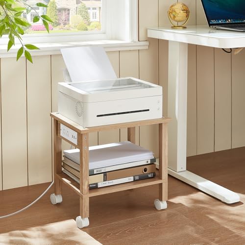 YUFAM 2 Tier Under Desk Printer Stand with Charging Station, Natural - Image 2