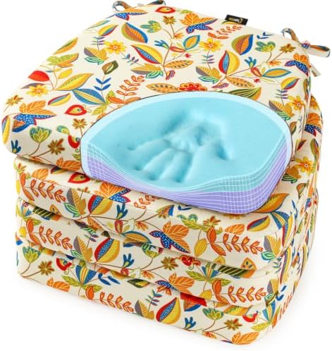 SUNROX Cooling Gel Memory Foam Chair Cushions, 2.6" Thick U-Shaped Dual-Layer Comfort Dining Chair Pads, Non Slip Seat Cushion with Ties for Indoor Kitchen Office 17"x16" Set of 4, Beige Floral Leaf by SUNROX