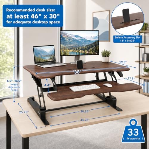 Mount-It! Large 38 Inch Standing Desk Converter, Sit Stand Desk Riser for Dual Monitors with Keyboard Tray, Height Adjustable Desktop Workstation, Easy Lift Gas Spring, Rustic Walnut Brown - Image 3