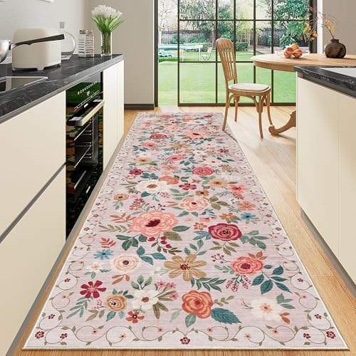 DUKINO 2x10 Runner Rug, Floral Washable Kitchen Runner Rug Non Slip, Beige by DUKINO
