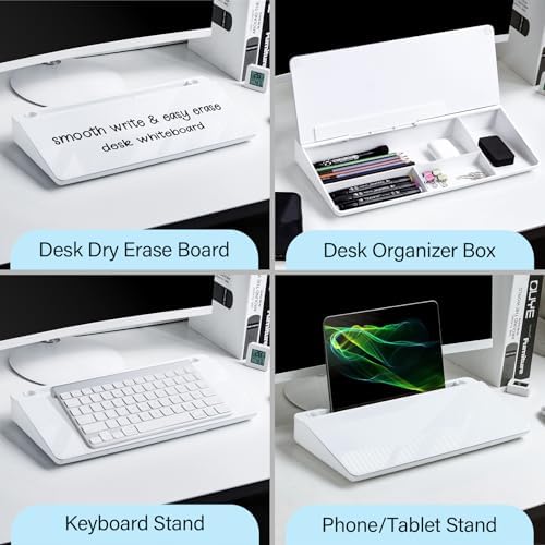 Glass Desktop Whiteboard with Storage 15" x 7" Desk Dry Erase Board with Marker & Eraser Compact Desk Organizer Computer Keyboard Stand Desk Board Buddy for Office, Home, School - Image 4