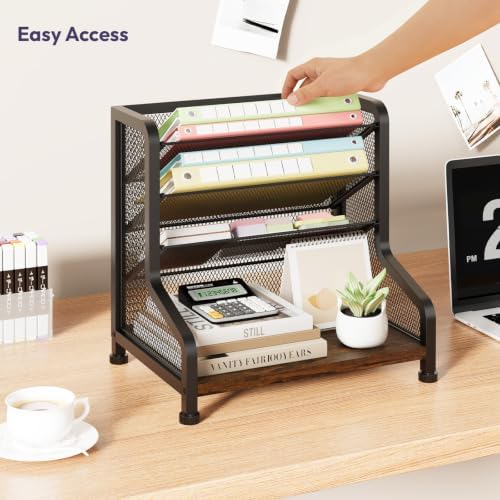 SWTYMIKI Paper Organizer, Mesh and Wood Desk Office Organizer, Office Organization and Binder Storage for Workspace, Home, School, Espresso - Image 4