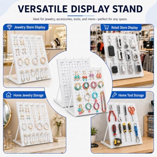 2 Pack Pegboard Display Stand, Metal Peg Board with 32 Hooks, Adjustable Angle & Foldable Design, Thick Steel Panel, Durable Tabletop Rack 16''x12'' for Vendor Display, Craft Show, Jewelry Display (white) - Image 5