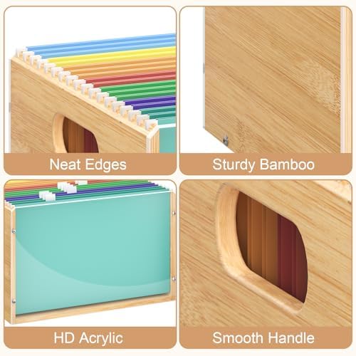 Sbanmao Letter/Legal Bamboo Acrylic File Box Organizer, Hanging File Folder Storage Boxes, Decorative Document Crate Transparent Filing Bin with Handle for Home Office Desk - Image 7
