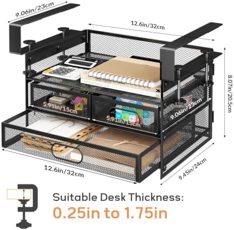 Under Desk Drawer Storage Organizer 3-Tier No Drill Office Black - Image 7