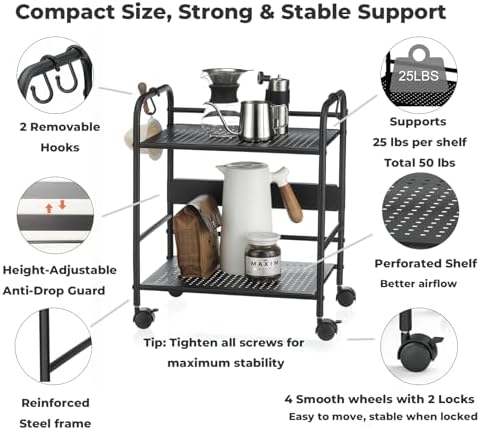 2-Tier Metal Rolling Cart, Compact Under Desk Storage Organizer - Image 4