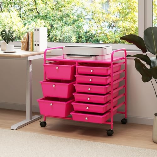 LDAILY 9 Drawer Rolling Storage Cart, Rolling Cart with Drawers for Classroom, Art Supply Craft Organizer on Wheel with Metal Frame & Handles for Home Office School - Image 2