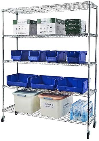 5 Tier Storage Racks Shelving, Heavy Steel Pantry Shelves, Adjustable Wire Shelving Rack with Wheels, Suitable for Garage, Kitchen, Bathroom, Office, 59" W x 18" D x 71" H, Chrome by Unknown