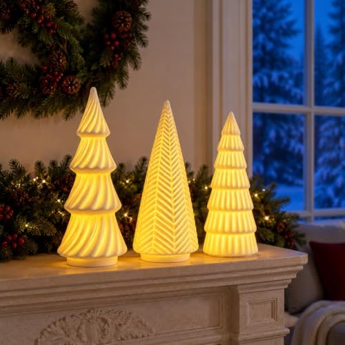 Lighted Ceramic Christmas Tree Set of 3 White Tabletop Christmas Decor by Unknown