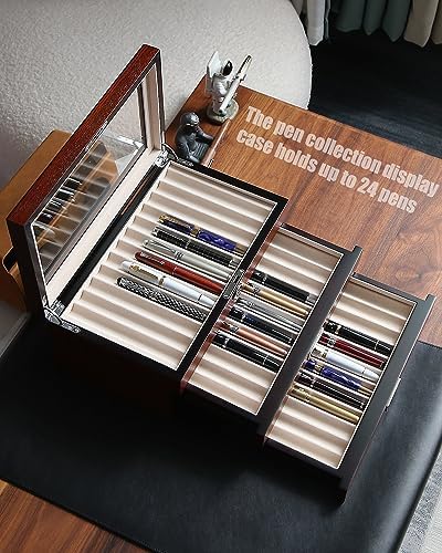 wood pen display case 36 slot Fountain pen Box storage Organizer with drawer, Top Glass Window Pen Collection Display Case - Image 3