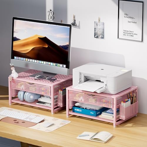 Marbrasse Metal Printer Stand for Desk with Storage Drawer and 2 Pen Holders, 2-Tier Desktop Organizer Printer Table for Home Office, Multi-Purpose Desk Organizer for Fax Machine Scanner Files(Pink) - Image 4