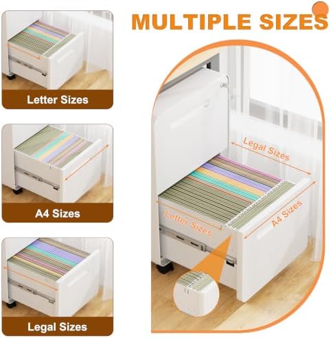 2 Drawer Mobile File Cabinet with Lock and 4 Keys - Image 6