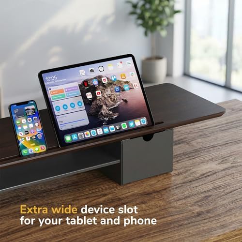 Mount-It! Extra Wide 39" Dual Monitor Stand Riser with 2 Drawers, Holds 66 lbs, Real Wood Platform, Built-In Device Slot, Removable Shelf, Home Office Desk Organizer - Image 6