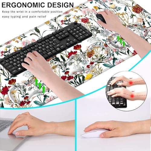 Keyboard Wrist Rest and Mouse Pad with Wrist Support Set Ergonomic Coaster,Memory Foam,Easy Typing Pain Relief,Large XL Desk Mat 31.5"x 11.8",Beautiful Floral - Image 6