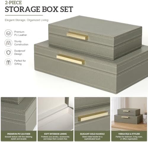 Decorative Storage Boxes with Lids, Set of 2 PU Leather Organizer Boxes with Soft Velvet Lining and Gold Handles, Stackable Keepsake, Photo & Document Storage for Bookshelf, Bedroom, Office - Image 4