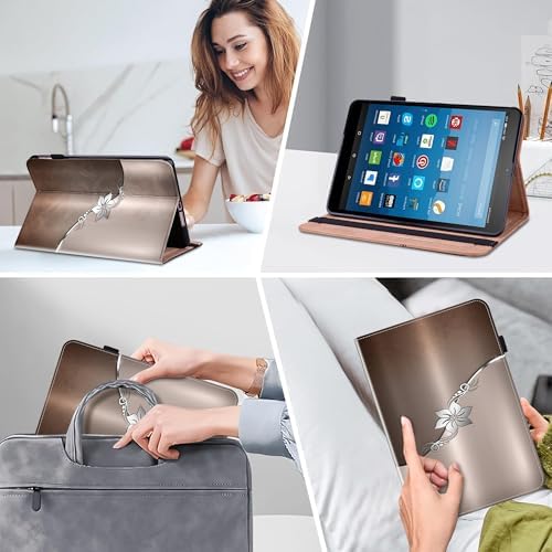for Kindle Fire HD 8 Tablet Case (2018/2017/2016,8th/7th/6th Generation) 8 inch, PU Leather Flip Case with Pen Holder Elastic Band & Card Slots for Kindle Fire HD 8 8th Gen - Silver Flower - Image 5
