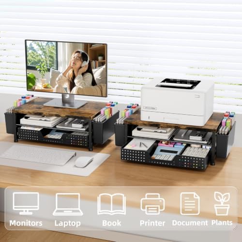Monitor Stand Riser with Plastic Drawer and Two Pen Holders, Dark Wood Top - Image 5