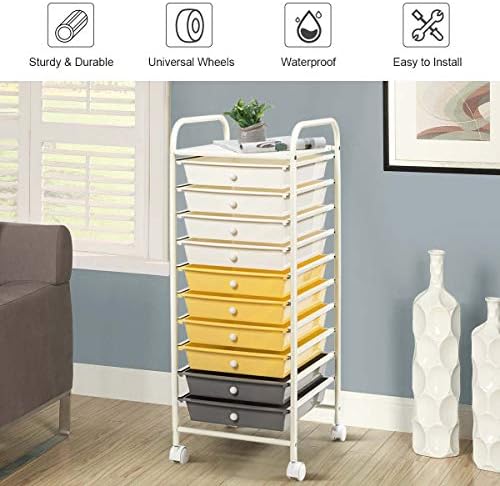 Giantex 10 Drawer Rolling Storage Cart Scrapbook Paper Office School Organizer (Beige+Yellow+Grey) - Image 6