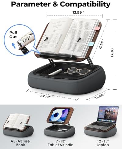 Viozon Lap Book Pillow Stand with Storage, Adjustable Beanbag Reading Pillow with Dark Wood Panel, Multi-Angle Book Holder for Hands-Free Reading in Bed or Sofa,Book Lover Essential,Soft Cushion - Image 3