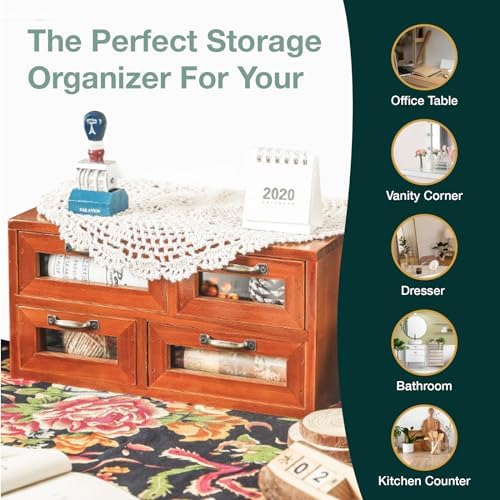 Store and Display Wooden Desk Top Organizer Cabinet - Mahogany Wood Display Chest with 4 See-Through Drawers - Additional Storage for Work Table, Vanity, Dresser Shelf or Kitchen Counter - Image 6