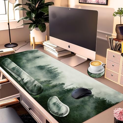 Forest Desk Pad Large Gaming Mouse Pad Set 35.4 x 15.7 with Keyboard Wrist Rest, Wrist Support, and Coaster Memory Foam Smooth Desk Pad Mousepad for Home Office School - Image 2