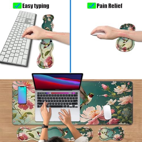 4 in 1 Ergonomic Keyboard Wrist Rest & Mouse Pad Wrist Rest Set, Large XXL Gaming Desk Mat 31.5"x 11.8" with Non-Slip Base, Memory Foam for Home Office Study Gaming, Hummingbird Flowers - Image 6