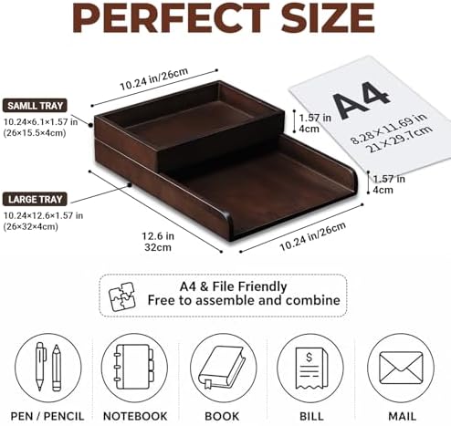 Wood 2-Tier Letter Tray, Stackable Detachable Paper Tray Desk Organizer - Image 2