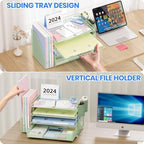 OPNICE Desk Organizer, 4-Tier Desktop File Organizer with Drawer and Pen Holders, Office Desk Accessories, File Sorters, Workspace Organizers for Office Supplies(Green) - Image 4