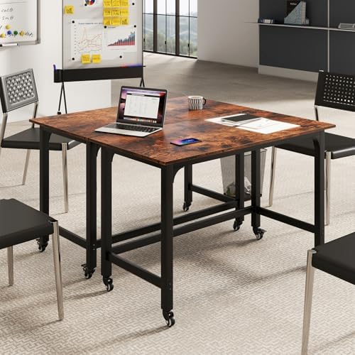 GOFLAME 4ft Conference Table Set of 2, Mobile Home Computer Desk, Meeting Room Table w/Detachable Storage Bag & 2 Headphone Hooks, Rolling Seminar Boardroom Table on Wheels, Black + Rustic Brown - Image 2