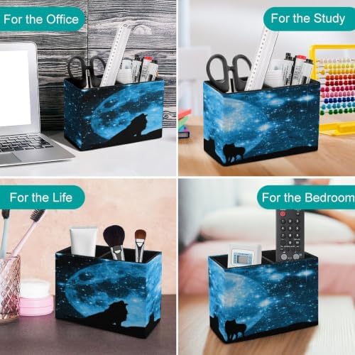 PU Leather Multi-Compartment Pen Holder Desktop Organizer Pencil Cup Storage Caddy for Office Home Supplies Wolves Pack in Silhouette Against Blue Starred Sky Full Moon - Image 4